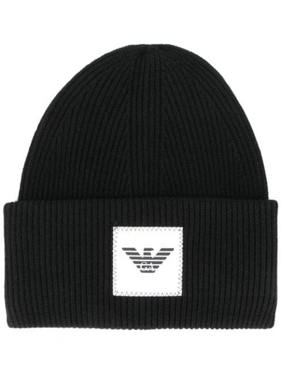 Emporio Armani Logo-path Ribbed Wool-blend Beanie Hat In Black