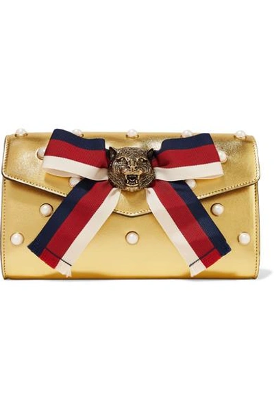 Gucci Broadway Faux Pearl-embellished Metallic Leather Clutch In Gold