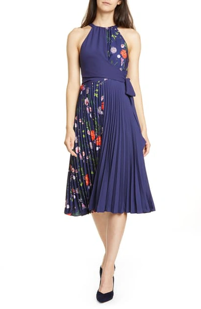Ted Baker Hedgerow Floral Pleated Halter Dress In Dark Blue
