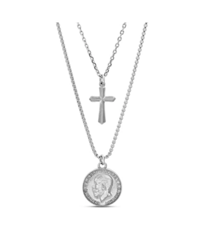 Steve Madden Men's Double Strand Cross And Coin Necklace In Stainless Steel In Silver