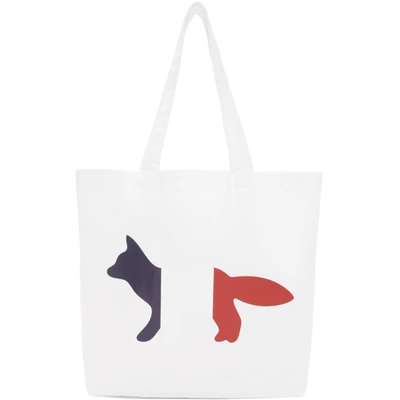 Maison Kitsuné Tricolour Fox-print Cotton-blend Tote Bag In White