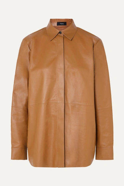 Theory 'menswear' Oversized Nappa Leather Shirt In Brown