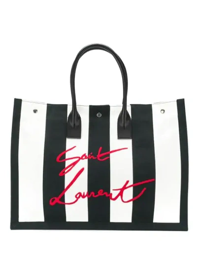 Saint Laurent Noe Leather-trimmed Embroidered Striped Canvas Tote In Black