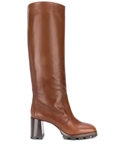 Prada 80 Leather Knee Boots In Brown