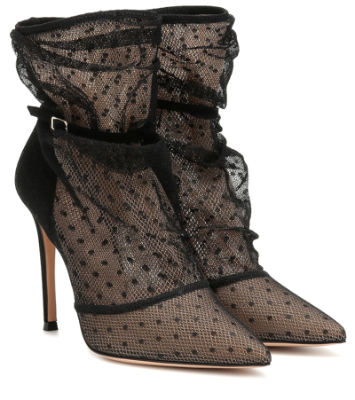 Gianvito Rossi 105 Polka-dot Tulle And Suede Ankle Boots In Black