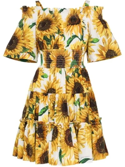 Dolce & Gabbana Cold-shoulder Tiered Floral-print Cotton-poplin Mini Dress In Yellow