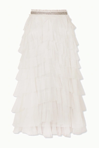 Needle & Thread Leilah Crystal-embellished Ruffled Tulle Midi Skirt In Ivory