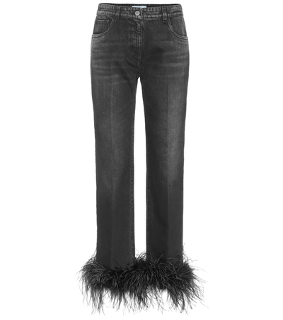 Prada Cropped Feather-trimmed Straight-leg Jeans In Black Black