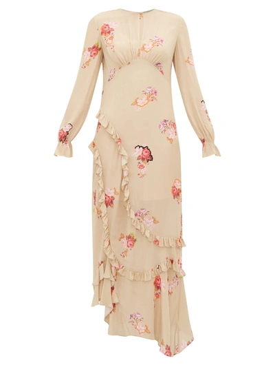 Preen Line Gabriella Asymmetric Ruffled Floral-print Crepe De Chine Maxi Dress In Beige