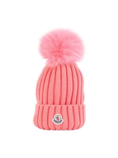 Moncler Fox Fur Pom-pom Rib-knit Beanie In Pink