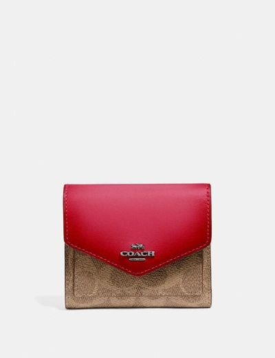 Coach Small Wallet In Colorblock Signature Canvas In Pewter/tan Red Apple