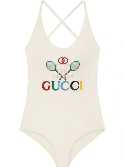 Gucci Embroidered Tennis Logo Swimsuit  In White