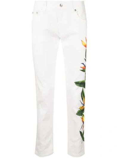 Dolce & Gabbana Skinny Stretch Jeans With Bird Of Paradise Print In White