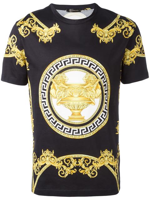 Versace Baroque Printed Pure Cotton T-shirt In Black | ModeSens