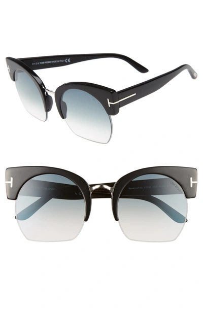 Tom Ford Savannah Semi-rimless Cropped Round Sunglasses, Gray/pink/black In Shiny Black/ Gradient Smoke