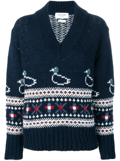 Thom Browne Duck Fair Isle Oversized Pullover In Blue