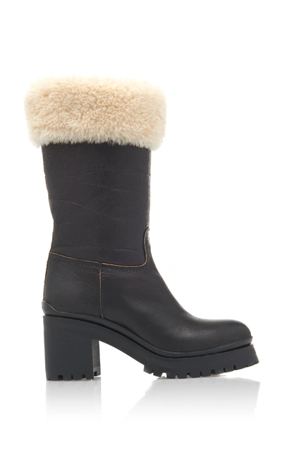 Miu Miu Shearling-trimmed Leather Boots In Black