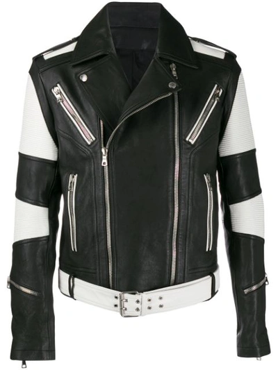 Balmain Striped Sleeve Biker Jacket In Eab Noir  Blanc
