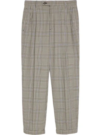 Gucci Prince Of Wales Cuff Crop Cotton Pants In Grey