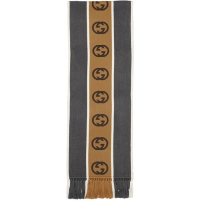 Gucci Grey And Brown Striped Gg Scarf