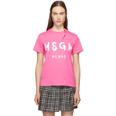 Msgm Pink Paint Brushed Logo T-shirt In 14 Fushia