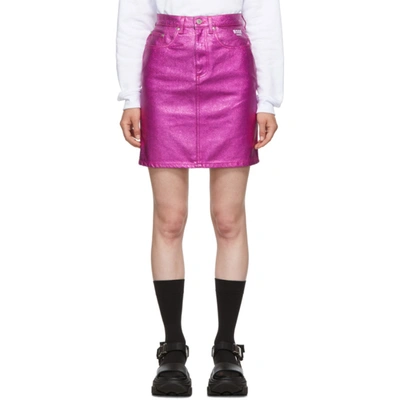 Msgm Metallic Denim Skirt In 14 Fushia