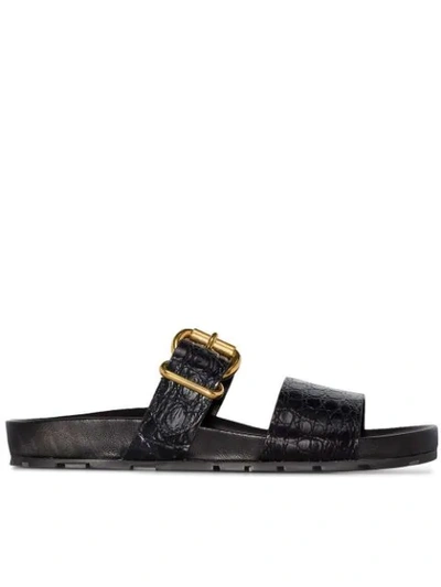 Prada Double Strap Crocodile-embossed Leather Sandals In Black