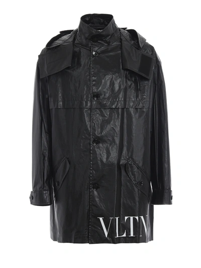 Valentino Vltn Coated Cotton Hooded Trench Coat In Black