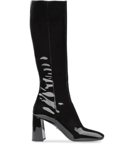 Prada 85 Patent-leather Knee Boots In Black