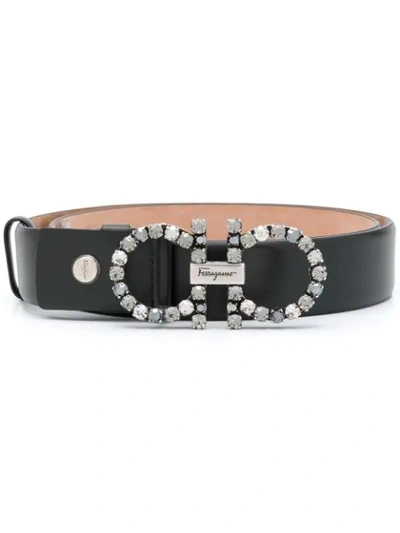 Ferragamo Stone Embellished Belt In Black