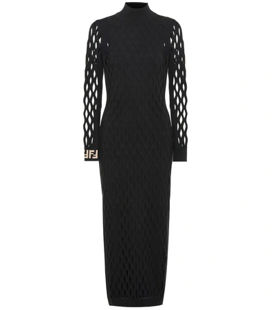 Fendi Open-knit Long-sleeve Bodycon Dress In Black