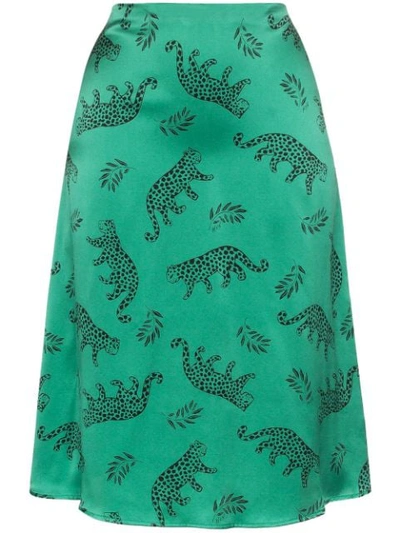Hvn Wiona Leopard-motif Satin High-rise Skirt In Green