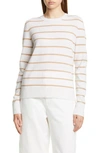 Vince Striped Overlay Cashmere Crewneck Sweater In Heather White/ Camel