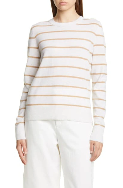 Vince Striped Overlay Cashmere Crewneck Sweater In Heather White/ Camel