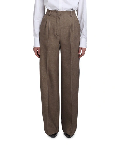 Fendi Wool-silk Wide-leg Pants W/ Leather Tuxedo Stripe In White Pattern