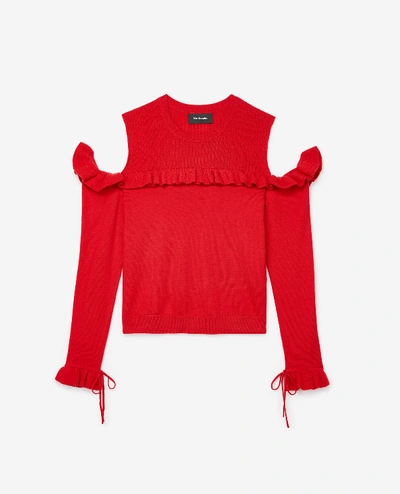 The Kooples Ruffle Cold Shoulder Merino Wool Sweater In Red