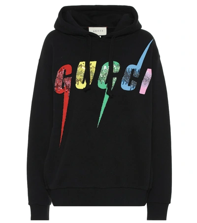 Gucci Logo Sequined Cotton-jersey Hoodie In Black