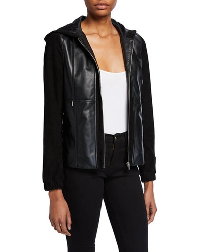 Neiman Marcus Mixed-media Zip-front Leather Hoodie Jacket In Black