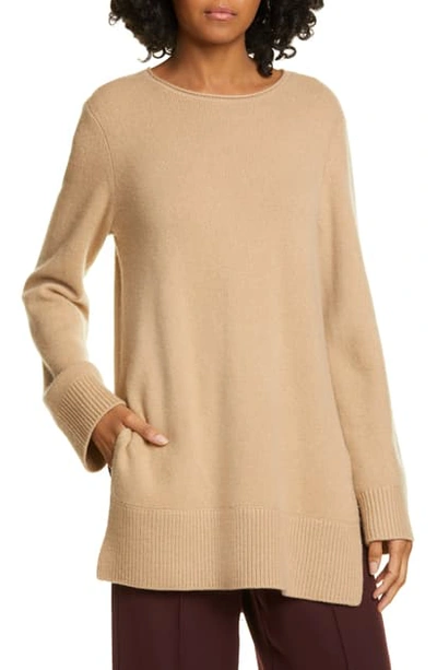 Vince Crewneck Side-slit Cashmere Tunic In Camel