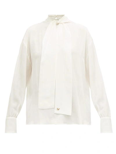 Valentino Logo-jacquard Pussy-bow Silk Blouse In White