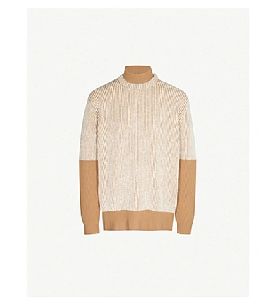 Maison Margiela Layered Funnel-neck Striped Wool-blend Jumper In Camel White