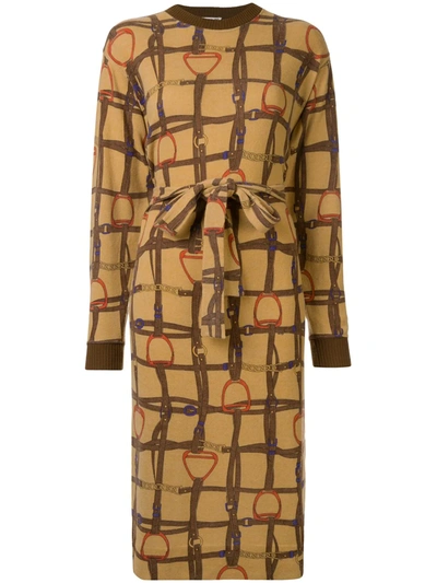 Pre-owned Celine Horse Straps Print Tied Dress In Brown
