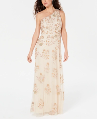 Adrianna Papell Beaded Floral One-shoulder Gown In Pale Nude