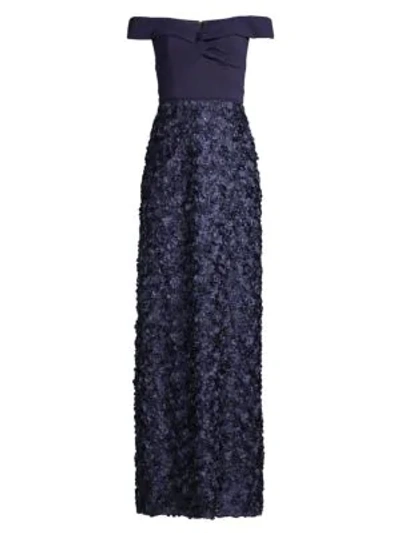 Aidan Mattox Off-the-shoulder Floral-embellished Gown In Twilight