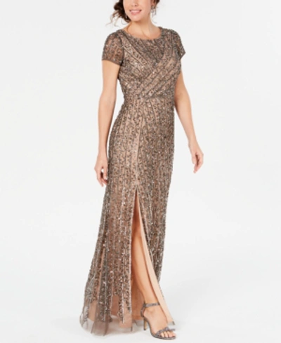 Adrianna Papell Beaded Mesh Floor-length Dress In Lead/nude