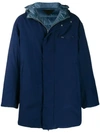 Prada Reversible Hooded Down Puffer Caban Coat In Blue