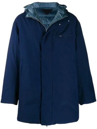 Prada Reversible Hooded Down Puffer Caban Coat In Blue