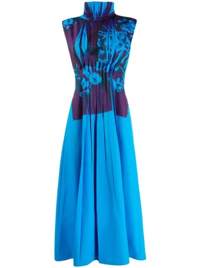 Roksanda Floral Print Ruffle Collar Pleated Dress In Blue