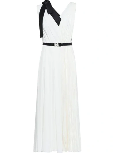 Prada Pleated Midi Dress In F0n13 Chalk White/black