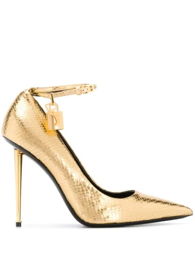 Tom Ford Laminated Python Padlock Pumps In Gold